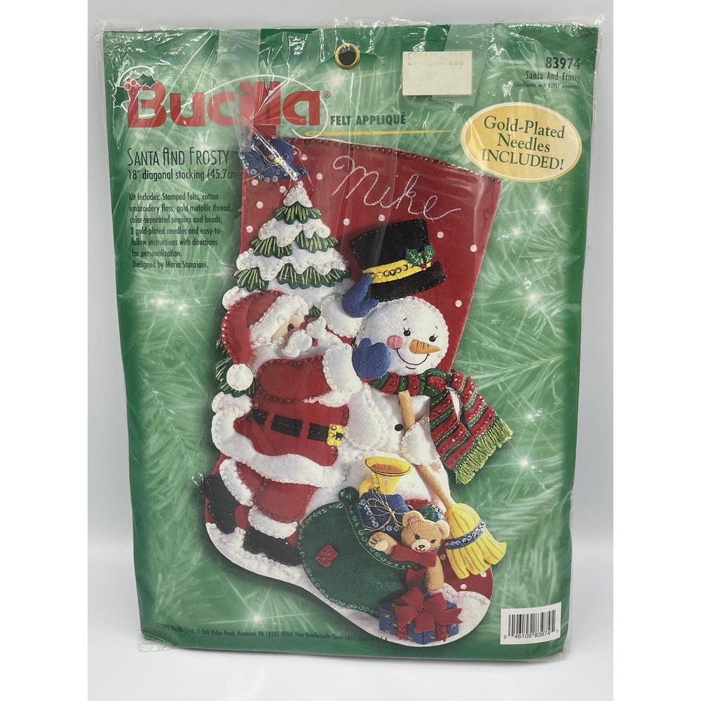 Vintage Bucilla Santa Frosty Felt Applique Stocking Kit 83974 Gold Needles New - Picture 2 of 4